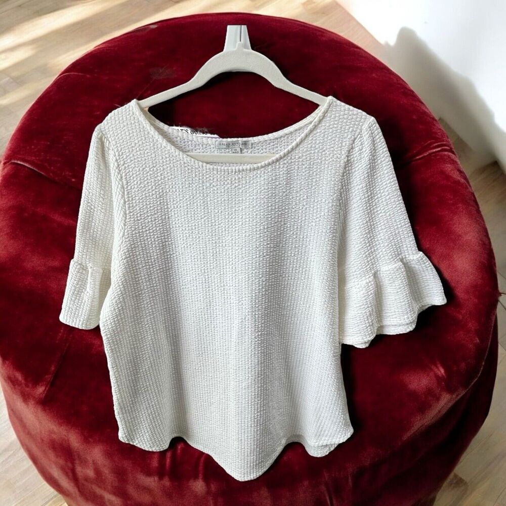 Green Envelope Blouse Women 1X White Striped Bell Sleeve Textured Shirt